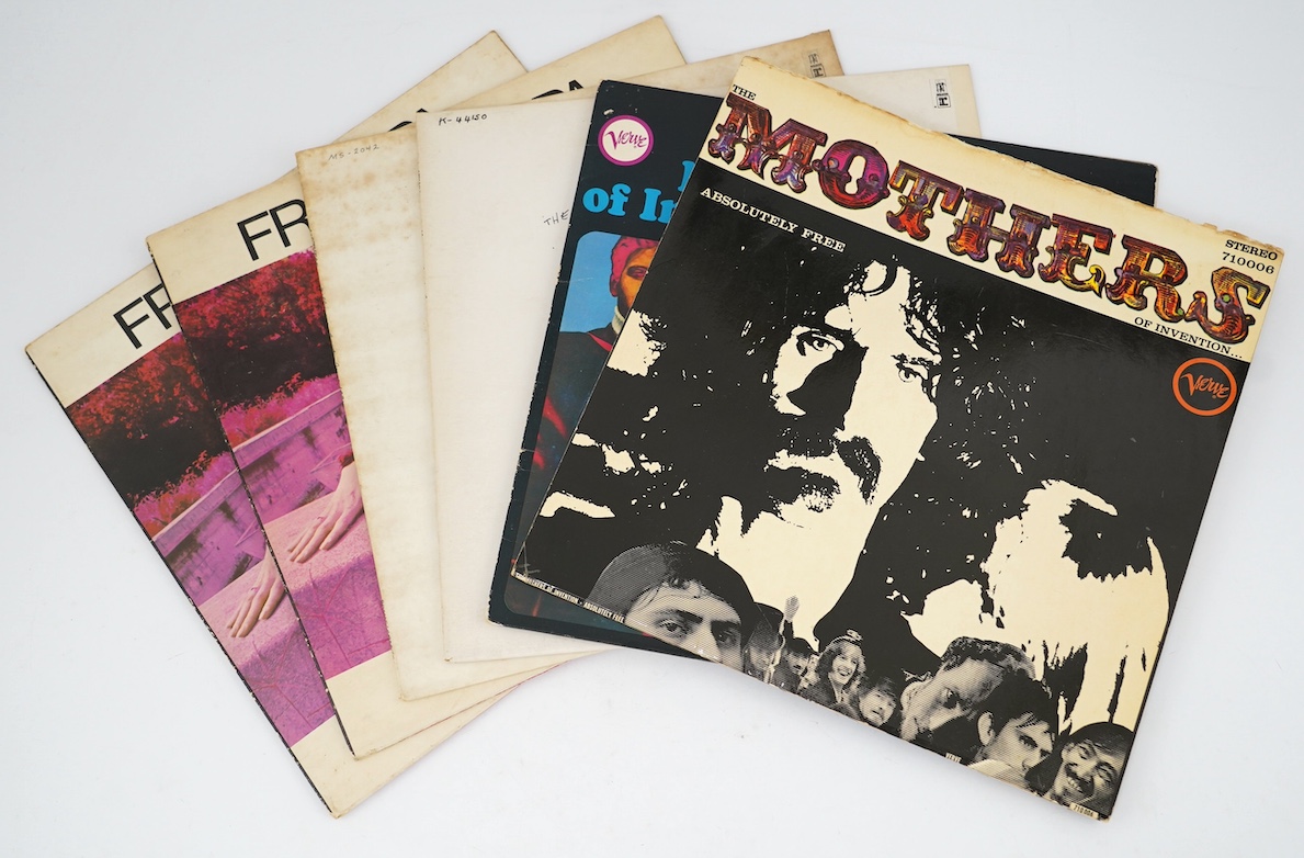 Six Frank Zappa and Mothers of Invention LP record albums; Absolutely Free, Stereo on Verve 710 006A, Freak Out (2 LP set), The Mothers Fillmore East - June 1971 and another, Hot Rats and another (one with gold and green